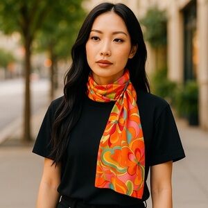 VINTAGE SCARF 70s Silk Vibrant Mod Orange Pink Floral Paisley